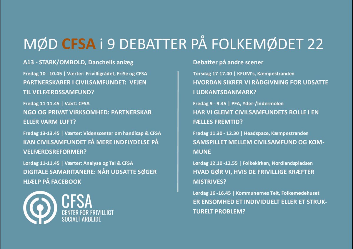 Center for frivilligt socialt arbejde (@cfsainfo) on Twitter photo Kom og mød <a href="/CfsaInfo/">Center for frivilligt socialt arbejde</a> i 9 debatter på #FM22 om alt fra reformkommissioner og private partnerskaber, over innovation og arbejdsmiljø i #dkcivil til bekæmpelse af ensomhed, frivillig rådgivning til udsatte og nye typer frivillighed på Facebook
frivillighed.dk/nyheder/moed-c… Kom og mød <a href="/CfsaInfo/">Center for frivilligt socialt arbejde</a> i 9 debatter på #FM22 om alt fra reformkommissioner og private partnerskaber, over innovation og arbejdsmiljø i #dkcivil til bekæmpelse af ensomhed, frivillig rådgivning til udsatte og nye typer frivillighed på Facebook
frivillighed.dk/nyheder/moed-c…