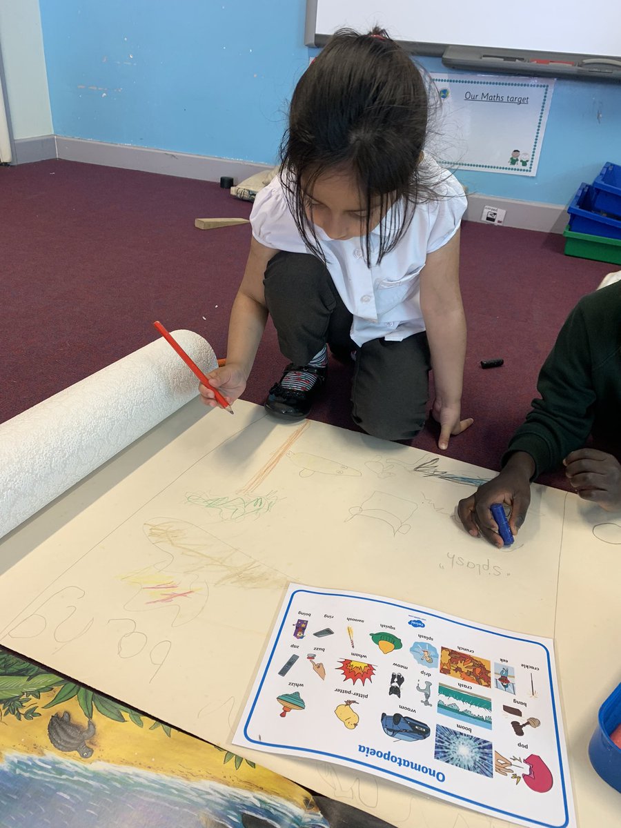 ReceptionMoon's tweet photo. Our story of the week is Julia Donaldson’s ‘Snail and the Whale’ 🐌 🐋 Moon class have been drawing pictures of the story and using onomatopoeia words in a shared writing activity. The roll of paper was the length of our whole classroom! 😁 https://t.co/cvWm7SgBhj