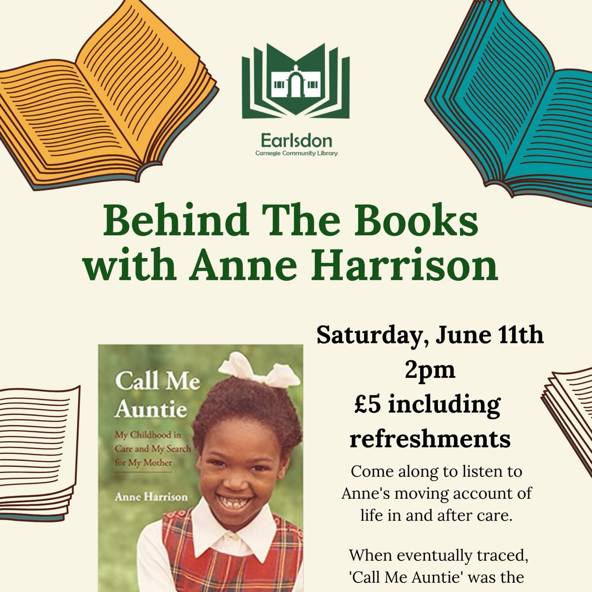 EarlsdonL's tweet photo. We can't wait to welcome Anne to the library to talk about her book "Call Me Auntie". Have you bought your tickets yet? #Earlsdon #communitymanagedlibrary #libraryevents #librariesoftwitter #authortalk #behindthebooks #whatsonincov #BookTwitter #Coventry https://t.co/8SkctaSpjt