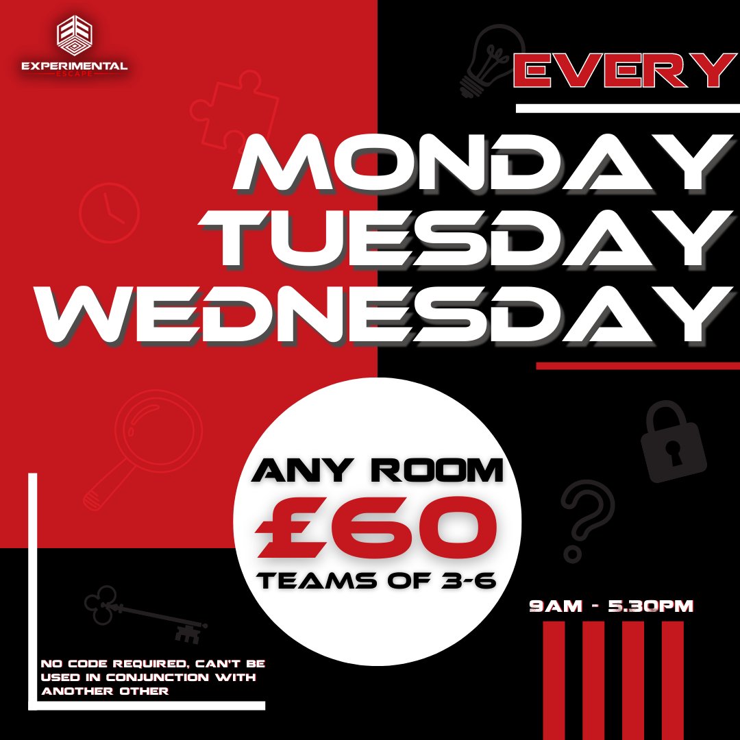ExperimentalEsc's tweet image. Due to overwhelming demand, we&apos;ve decided to extend our AMAZING offer over the summer! 

EVERY Monday, Tuesday and Wednesday between 9am and 5.30pm teams of 3-6 can play ANY ROOM for ONLY £60!!

BOOK NOW experimental-escape.co.uk/games

@LeamingtonHour #leamingtonhour