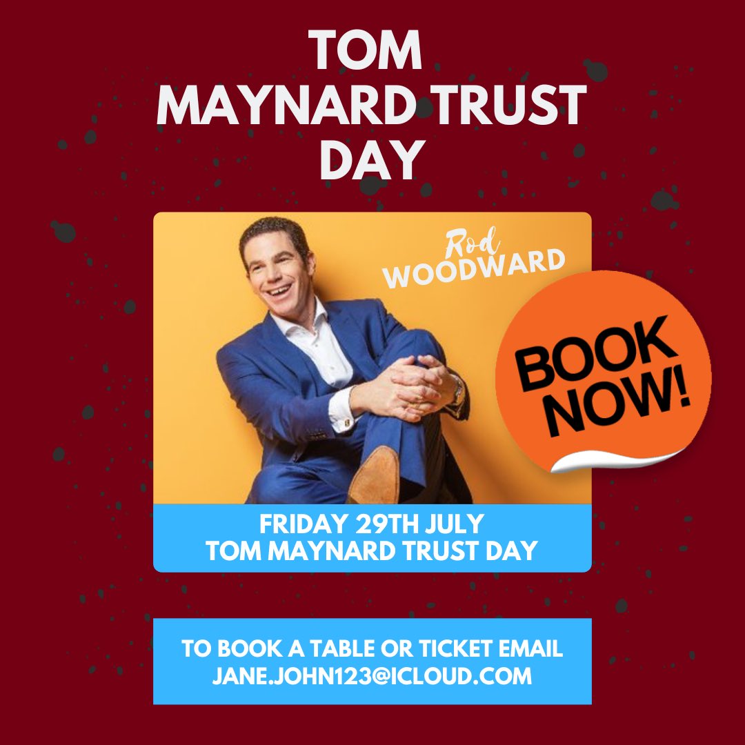 The last fundraiser in aid of the fantastic @TomMaynardTrust is fast approaching - Fri 29th July.

There’s time to book a ticket/table for the 3-course lunch where the fantastic <a href="/rodwoodward/">rod woodward</a> is providing entertainment. 

Please contact <a href="/Jej6150/">Jane john</a> - Jane.John123@icloud.com