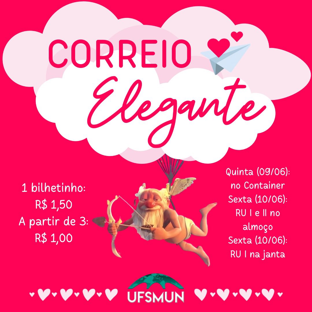O amor está no ar! Quer se declarar e não saber como? Chega de spotted, manda logo um bilhetinho no Correio Elegante da UFSMUN! 
Bom e barato, do jeitinho que o povo goxta 🤪
🎶"Pra todos os apaixoneidos assim cosmo eu, o amoire esta no aire"🎶