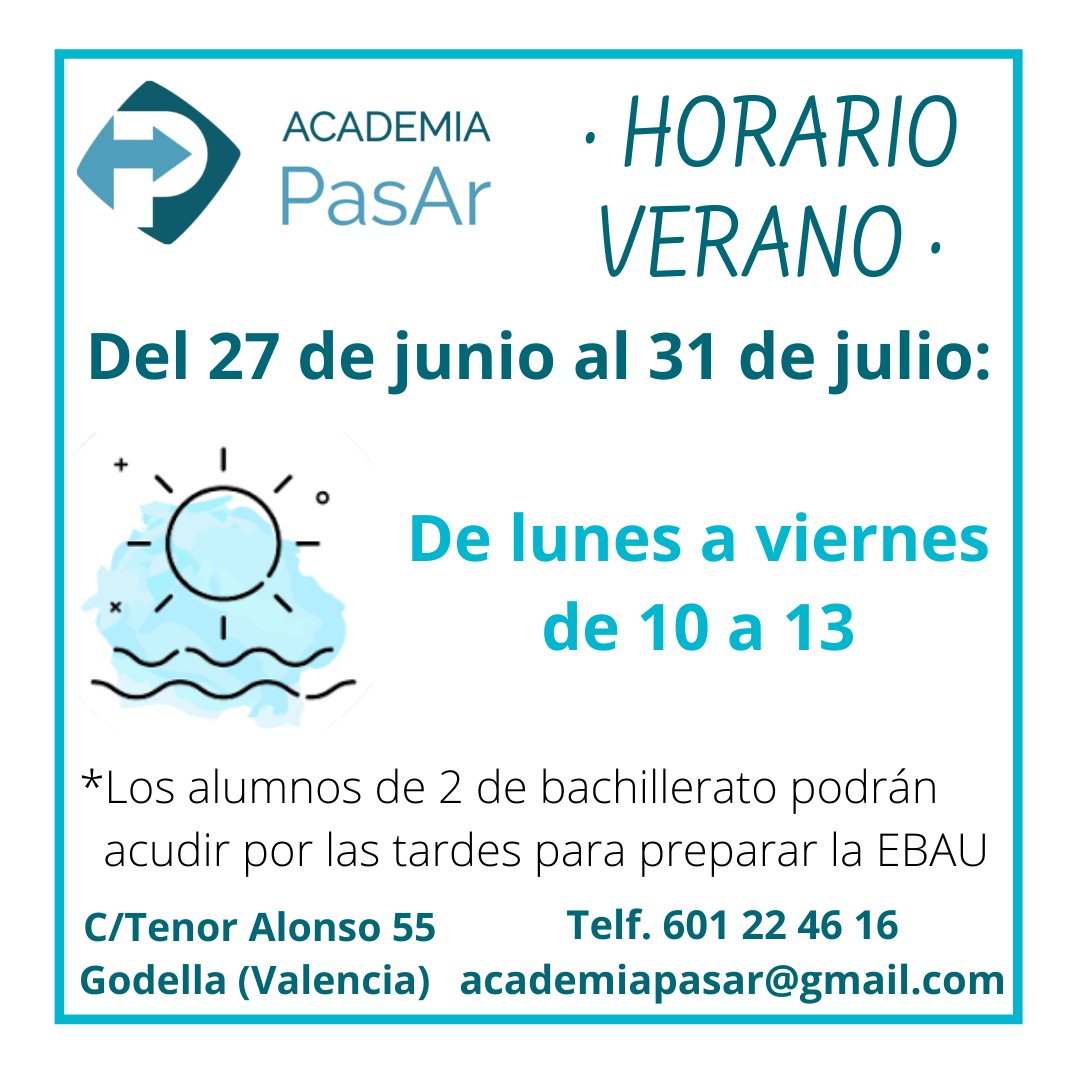 AcademiaPasar's tweet photo. 𝐇𝐎𝐑𝐀𝐑𝐈𝐎 𝐃𝐄𝐋 𝟐𝟕 𝐃𝐄 𝐉𝐔𝐍𝐈𝐎 𝐀𝐋 𝟑𝟏 𝐃𝐄 𝐉𝐔𝐋𝐈𝐎

De lunes a viernes de 10 a 13

*Los alumnos de 2º de Bachillerato podrán acudir por las tardes para preparar la EBAU

#AcademiaPasAr #Verano #Estiu #Julio #Juliol #Horario #Horari #HorarioDeVerano #HorariDEstiu https://t.co/vbekNGaI4G