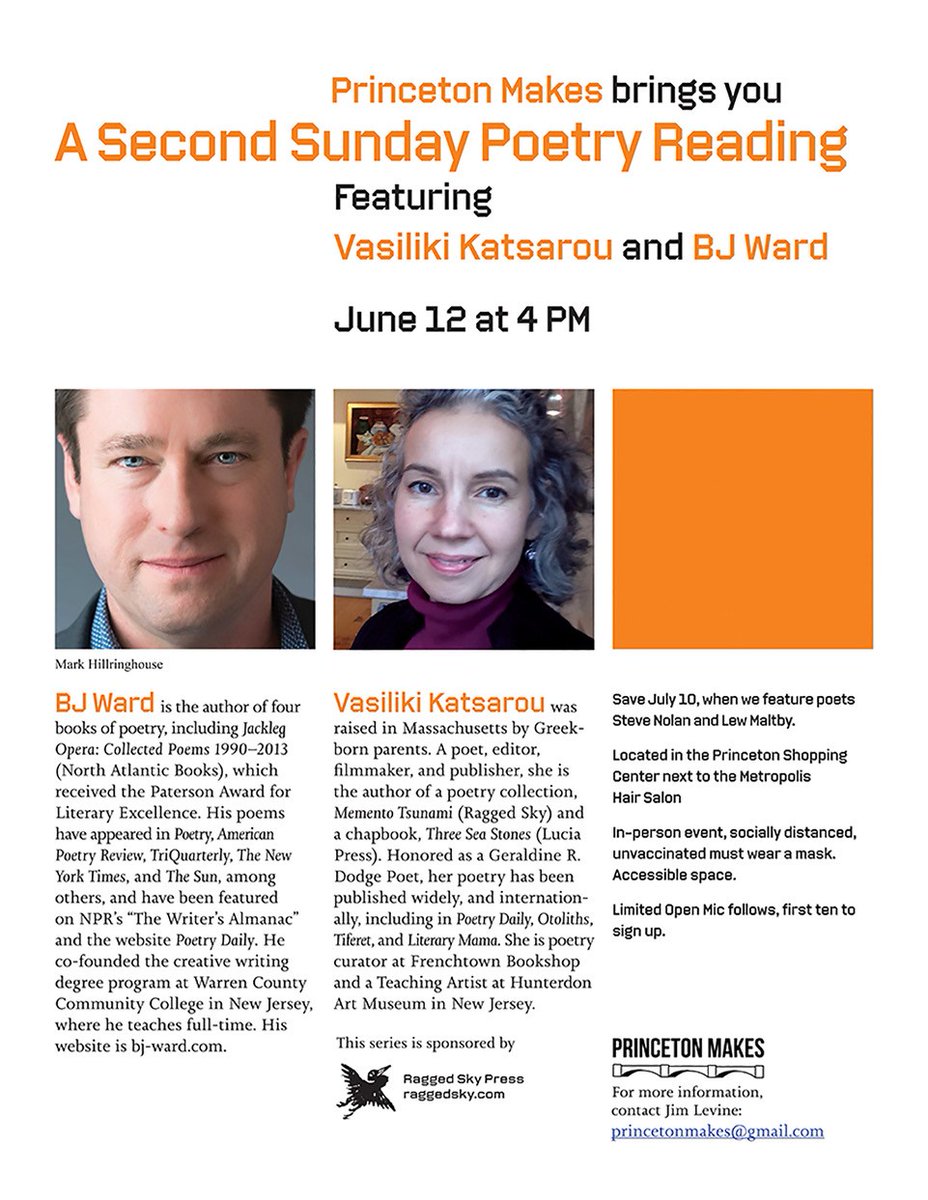 This Sunday at 4pm-in person poetry reading with <a href="/cineutopia/">Vasiliki Katsarou</a> and #BJWard - 301 N. Harrison St. Princeton. @DodgePoetryFest <a href="/NJArtsDaily/">njarts.net</a>. Series hosted by Ellen Foos <a href="/RaggedSky/">Ragged Sky Press</a> <a href="/PlanetPrinceton/">Planet Princeton planetprinceton.bsky.social</a>