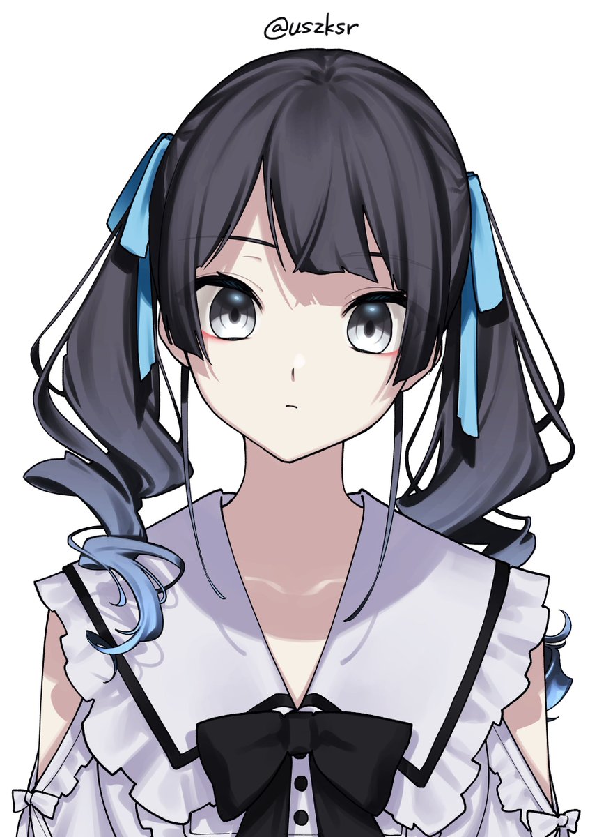 1girl solo twintails black hair white background ribbon hair ribbon  illustration images