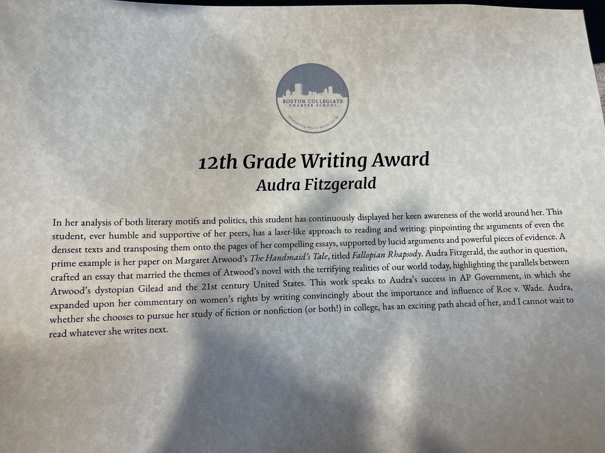 tclfitz's tweet photo. When your daughter wins the Senior Writing Award for her essay on the #Handmaids #Tale #Fallopian #rhapsody #proudparent https://t.co/l9N7mSbd8J