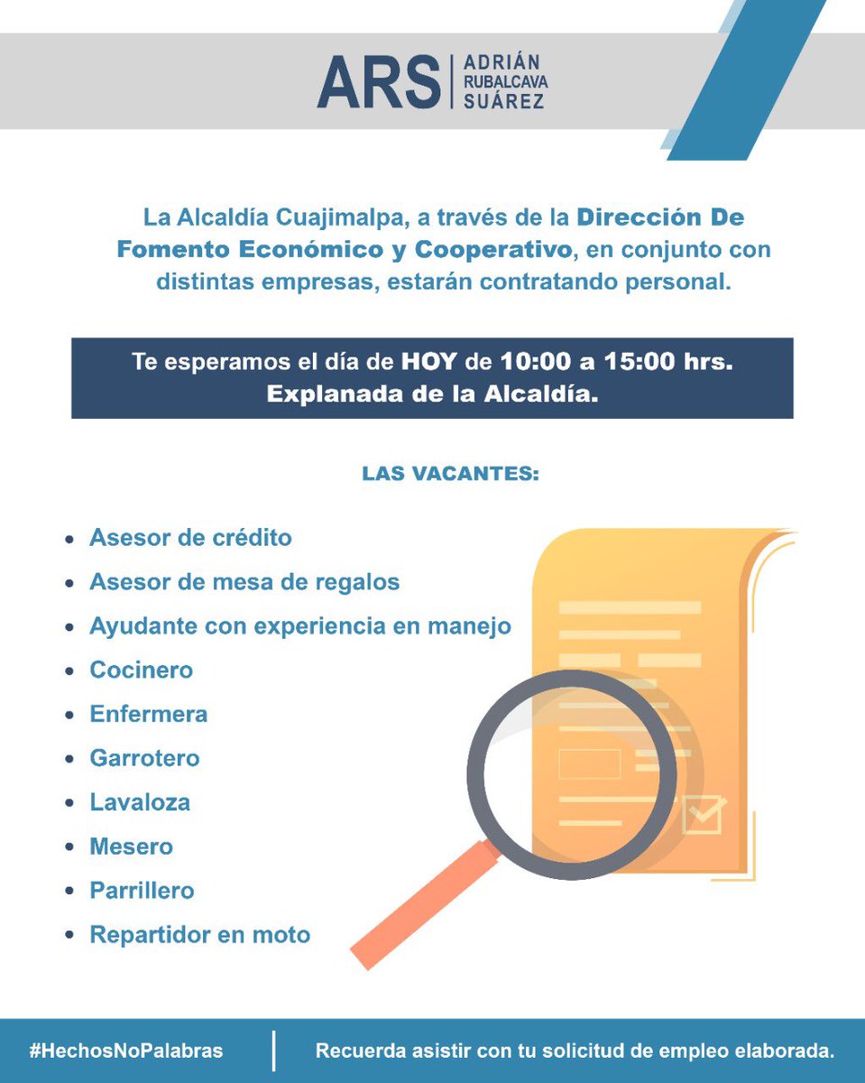 Te recuerdo que en este momento en la explanada de la @AlcCuajimalpa tenemos una #BolsaDeEmpleo, aquí te comparto algunas de las vacantes que están disponibles. Ven con tu solicitud elaborada 📝