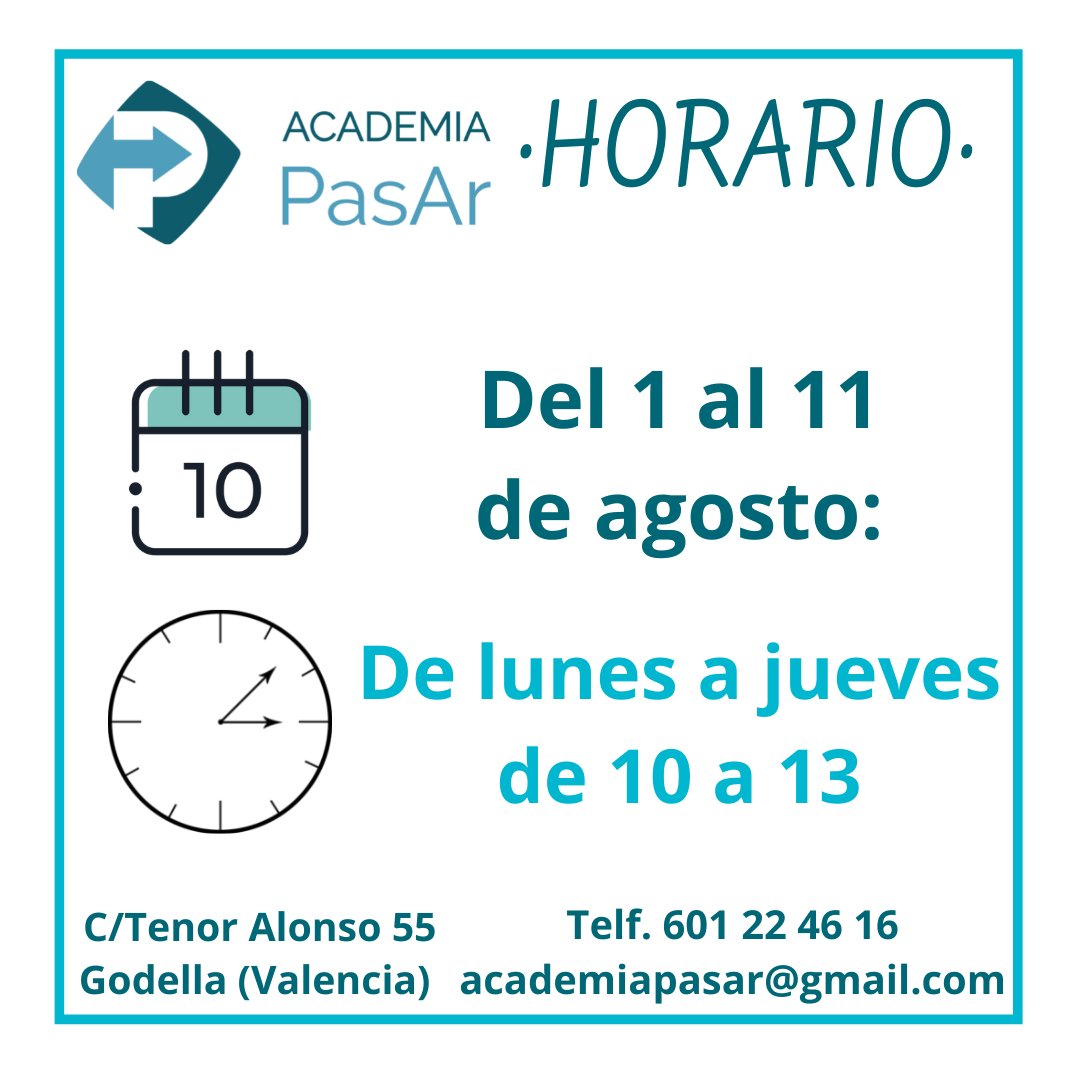 AcademiaPasar's tweet photo. 𝐇𝐎𝐑𝐀𝐑𝐈𝐎 𝐃𝐄𝐋 𝟏 𝐀𝐋 𝟏𝟏 𝐃𝐄 𝐀𝐆𝐎𝐒𝐓𝐎:

De lunes a jueves de 10 a 13

#AcademiaPasAr #Verano #Estiu #Agosto #Agost #Horario #Horari #HorarioDeVerano #HorariDEstiu https://t.co/i08LXl5tpQ