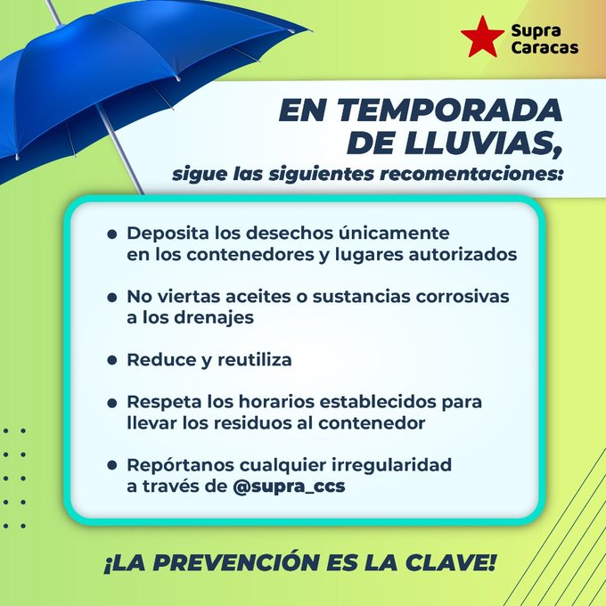 #SupraCcs en está temporada de lluvia te recomendamos:
Evita botar los desechos sólidos fuera de su lugar
Tomemos conciencia para evitar las inundaciones o desbordamientos
Evitemos colocar basura en quebradas
¡La prevención es la clave! 
¡Contamos con tu aporte!
<a href="/cperezampueda/">cperezampueda</a>