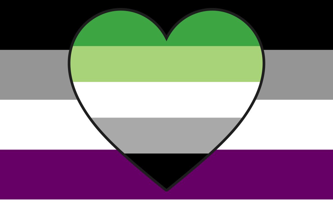 An asexual pride flag (stripes of black, grey, white, and dark purple) behi...