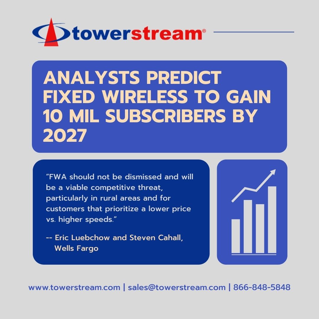 Towerstream's tweet photo. Happy #WirelessWednesday, everyone! Take some time today to check out this article from Multichannel News about Wells Fargo analysts' prediction that fixed wireless broadband subscriptions will skyrocket over the next five years 👇
https://t.co/7HAMgrb3H1 
#FixedWireless https://t.co/RPEX9hAsvd