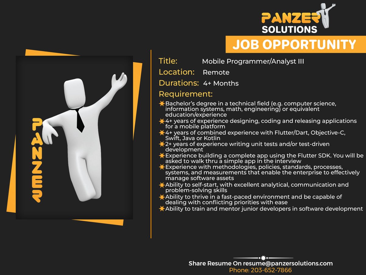 panzersolution's tweet image. Job Title: Mobile Programmer/Analyst III
Location: Remote
Duration: 4+ Months
Share resumes on resume@panzersolutions.com
Or for more info click on the below link
Click Here: panzersolutions.com
#PanzerSolutions #mobileprogrammer #analyst #latestjob #job #JobSearch