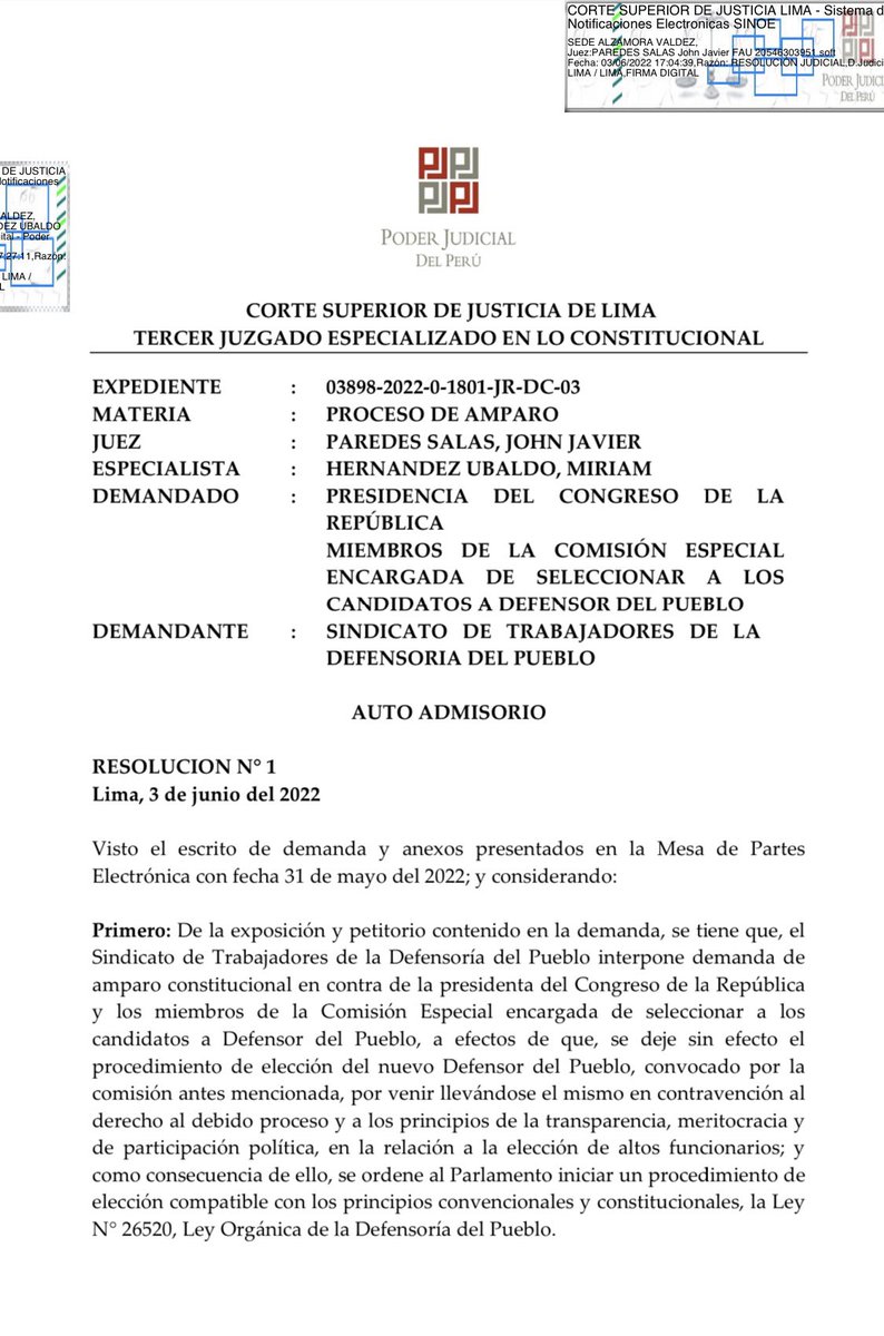 SindicatoDP's tweet photo. El @PoderJudicialPY admitió nuestra demanda de amparo contra el proceso para elegir al Defensor/a del Pueblo, que viene realizando el @congresoperu.
En dicha resolución se INVITA,en calidad de AMICUS CURIAE, a @ACTransparencia para que emita una OPINIÓN JURÍDICA sobre el tema. https://t.co/M7CnXEDdyu