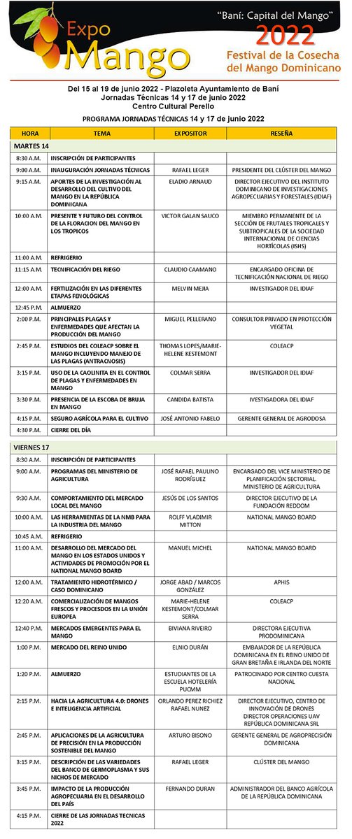 expomango's tweet photo. Del 15 al 19 de junio 2022 - Plazoleta Ayuntamiento de Baní
Jornadas Técnicas 14 y 17 de junio 2022 
Centro Cultural Perello
PROGRAMA JORNADAS TÉCNICAS 14 y 17 de junio 2022 https://t.co/dxABbCxDsa