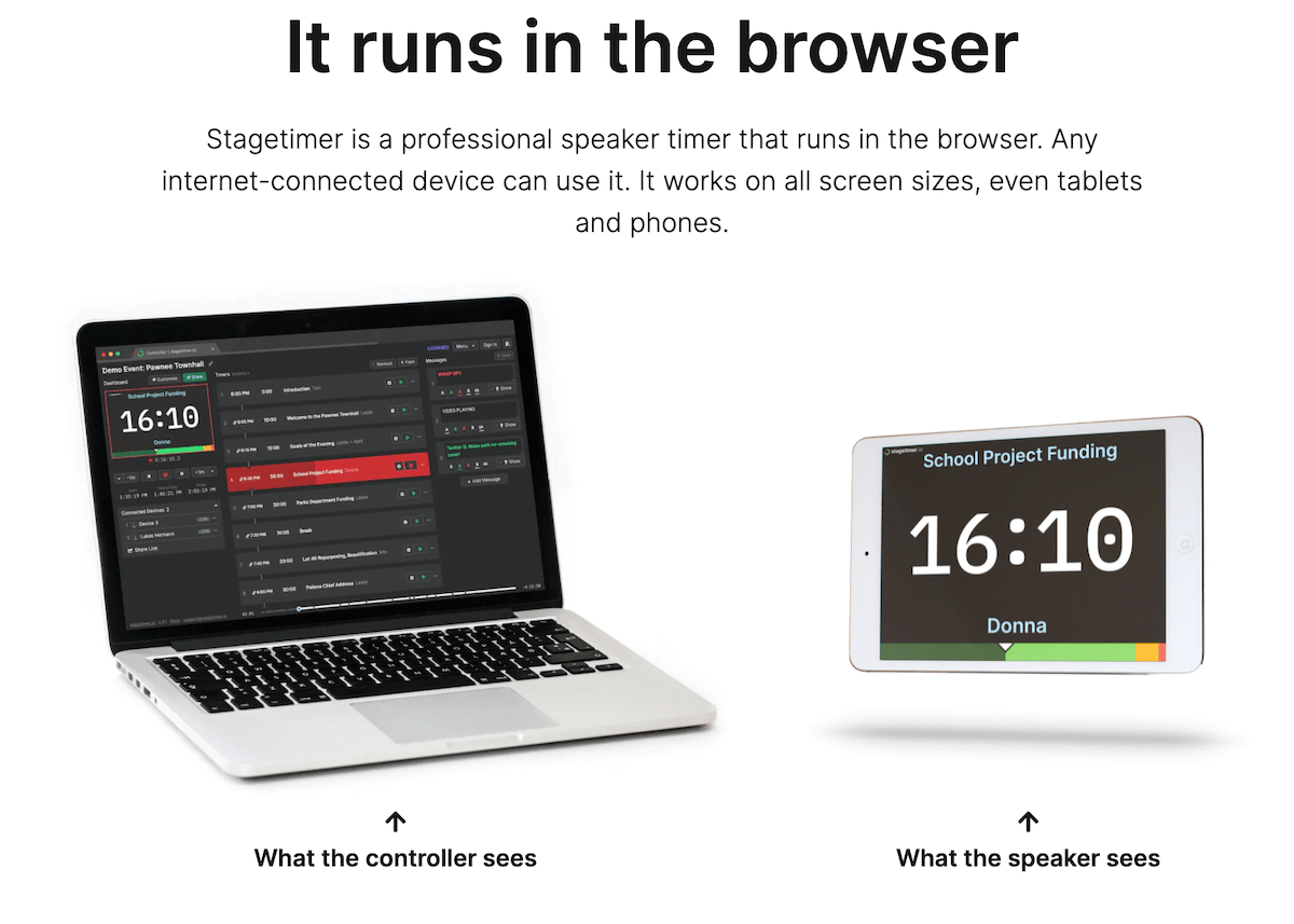 Vous ne saviez pas que vous en aviez besoin avant de le voir ! Stage Timer permet de contrôler et lancer à distance des chronos et comptes à rebours. Très utile pour les prises de parole en public

stagetimer.io