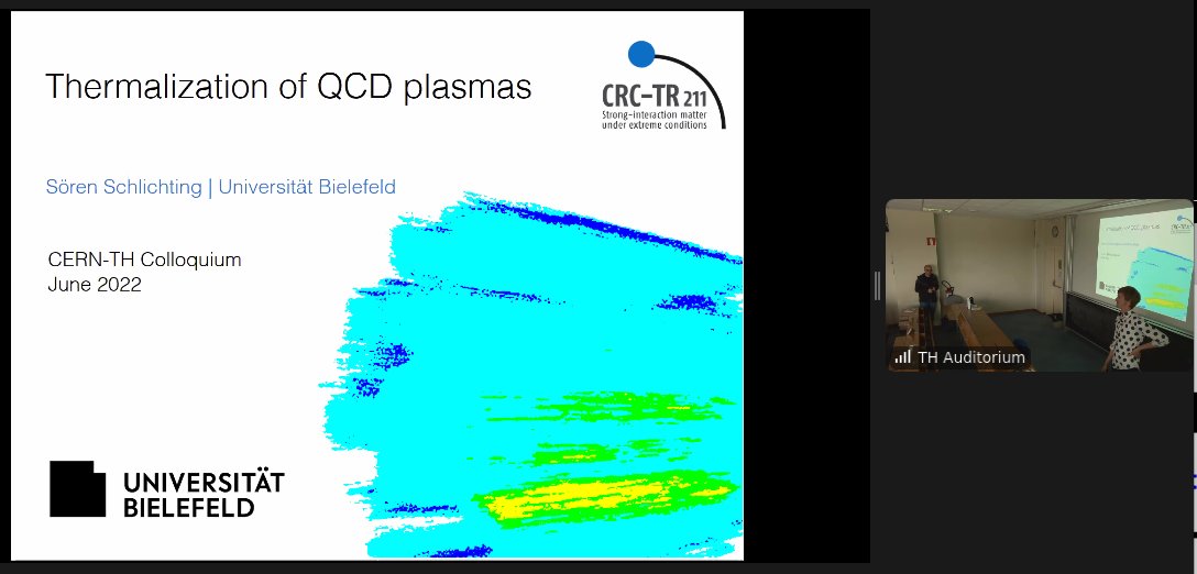 thermalization's tweet photo. Sören Schlichting @unibielefeld gives todays CERN TH hybrid colloquium on thermalization of QCD plasmas
#KineticTheory #FarFromEquilibrium #QuarkGluonPlasma #InitialState https://t.co/3xx9TVybsq