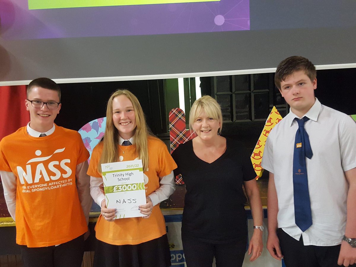 Gillianeames's tweet photo. My Special Pal Jean Morton with
3 #star pupils #TrinityHigh.
These 3 youngsters spent weeks researching #NASSbranch #Gartnavel #AS #AxialSpA.
They presented to a panel of judges who deliberated and chose #NASSGartnavel from a choice of 6 charities.
congratulations https://t.co/DtzJlk1c82