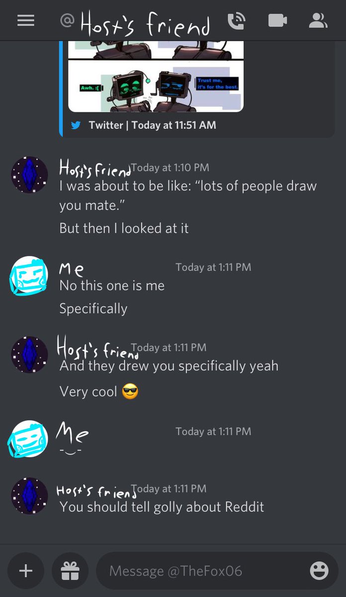 Phosphite03's tweet photo. @g0llyontheweb I showed the drawing made of us to one of my Host’s friends.. 
would you like to learn about Reddit -⏝-? https://t.co/GSYEVS9BDe