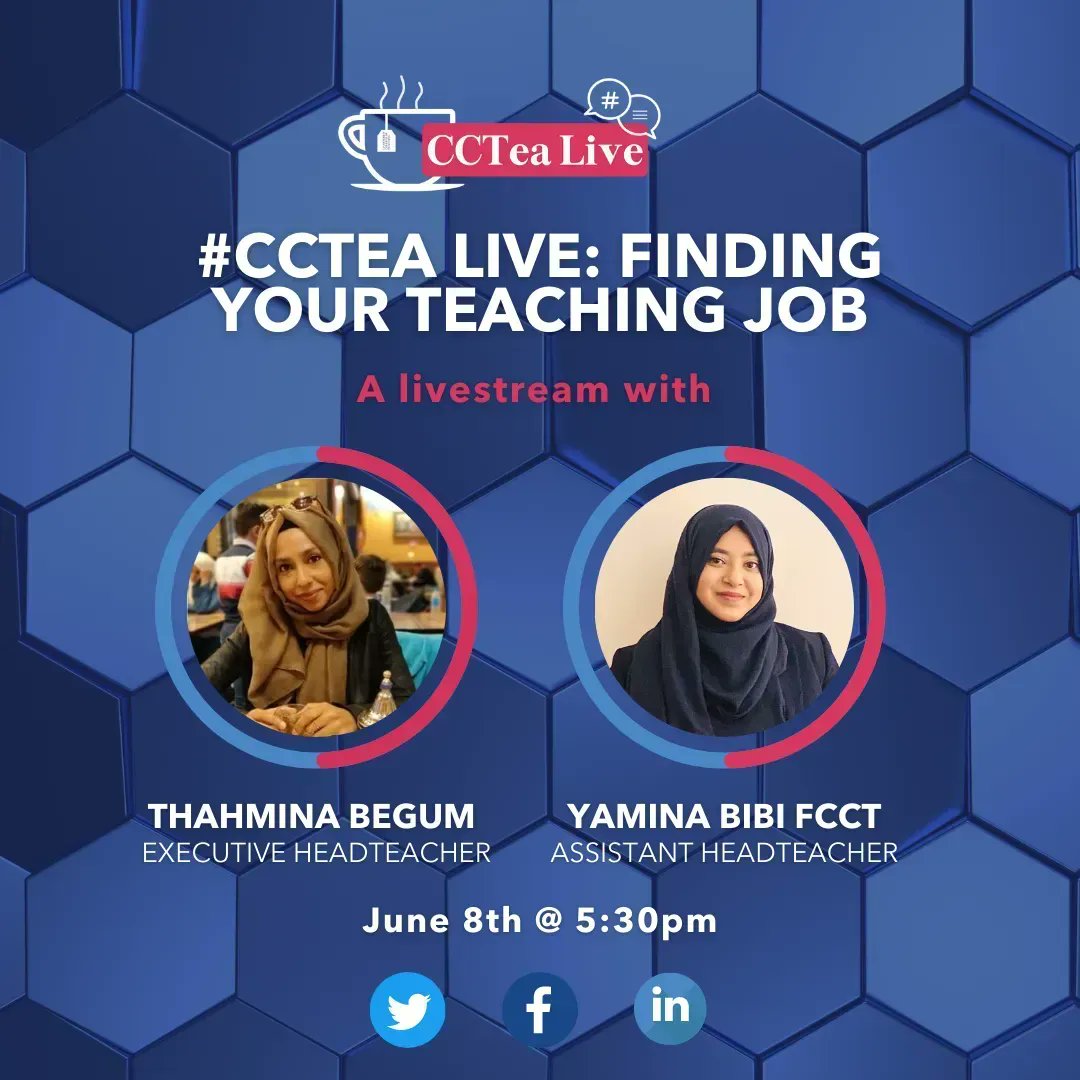 CharteredColl's tweet photo. Join us in an hour for our #CCTea live stream!
At 5:30pm we will be welcoming @MissTBegum and @msybibi to provide support in preparing for a new teaching role.
Ask your questions live via Twitter, Facebook, and LinkedIn.
Find out more: https://t.co/hhQTuedzej https://t.co/mbFjaeO1Re