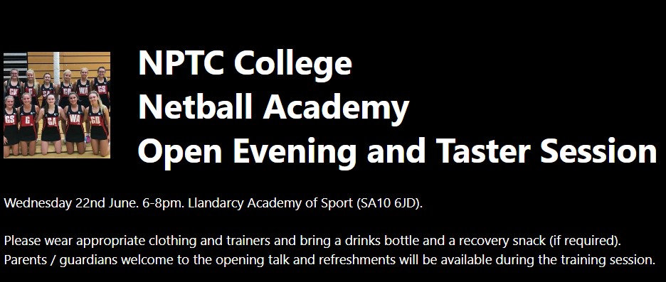 NPTCGetActive's tweet photo. Calling all netballers!
Would you like to play at college during the 2022-23 season?  All are welcome! No matter what your experience and ability we’d love it if you could attend our taster session Wednesday 22nd June 6-8pm @LlandarcySport https://t.co/ybOjFesSOu