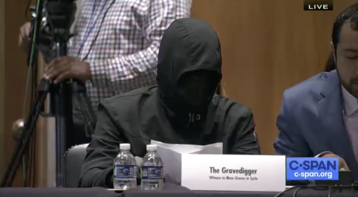 ElizHagedorn's tweet photo. Eyewitness known as the 'Gravedigger' testifies before the Senate Foreign Relations Committee.

"I hope that by sharing my story, it may spark something inside you, and maybe even renew hope for the future of Syria." https://t.co/9XkOiJkZ6O