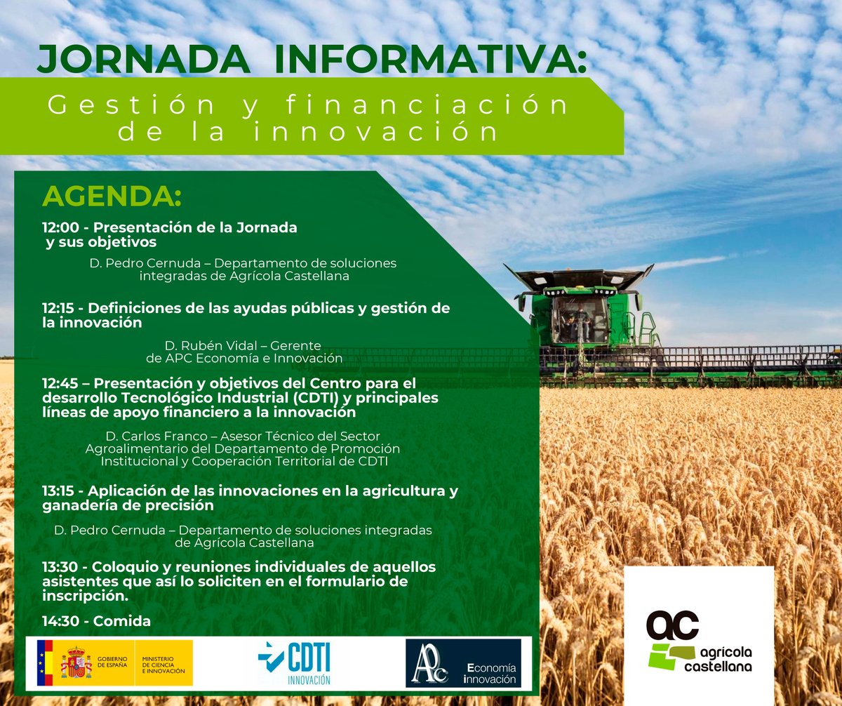AgrCastellana's tweet photo. 👨‍🏫Aprovecha esta oportunidad única con nuestro Curso Gratuito: Gestión y financiación de la innovación.

📆 FECHA: Martes 21 de junio de 2022.

📍LOCALIZACIÓN: O² Agricultura | Calle Viticultura, 1 Zaratán (Valladolid).

INSCRIPCIÓN:
https://t.co/835mAoUCNV https://t.co/wWm2AZmKHg