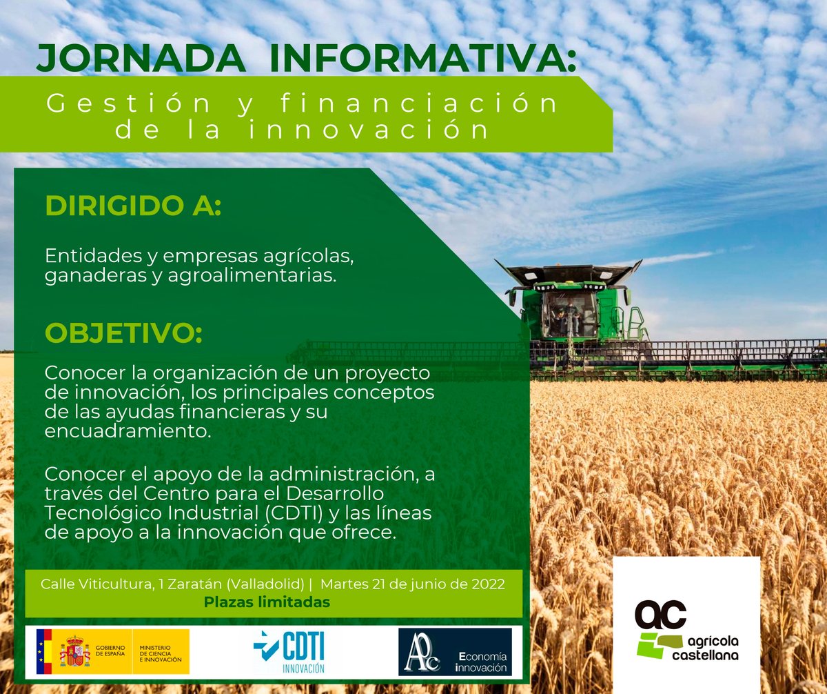 AgrCastellana's tweet photo. 👨‍🏫Aprovecha esta oportunidad única con nuestro Curso Gratuito: Gestión y financiación de la innovación.

📆 FECHA: Martes 21 de junio de 2022.

📍LOCALIZACIÓN: O² Agricultura | Calle Viticultura, 1 Zaratán (Valladolid).

INSCRIPCIÓN:
https://t.co/835mAoUCNV https://t.co/wWm2AZmKHg