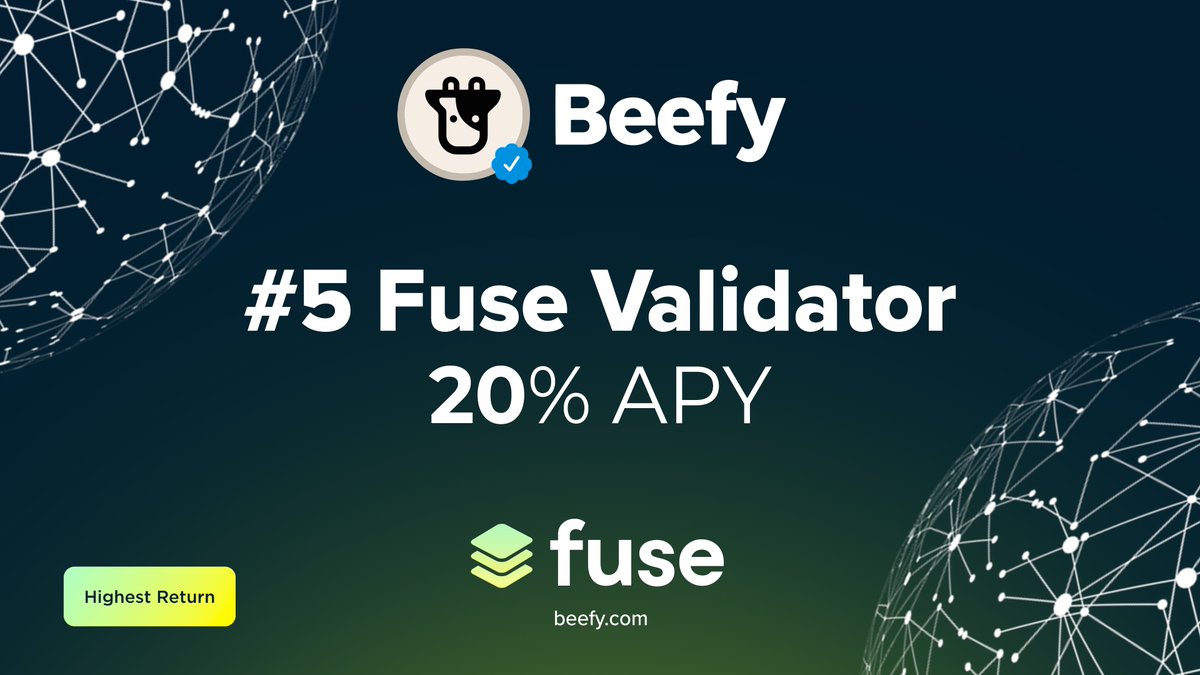 beefyfinance's tweet photo. Beefy is an official #FuseValidator π
Beefy offers more returns on your $FUSE validation than anyone else.
Stake your #FUSE at https://t.co/ZeJGsWcM6m
@Fuse_network, Beefy loves earning you more. https://t.co/FcWHBHrPlI