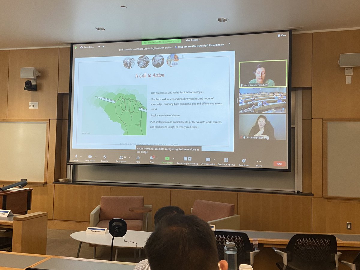 TobyJLi's tweet photo. A call to action for citational justice in HCI in @nehakumar 's keynote on Care at #chiwork22 @CHIWORKsymp. Something that we should all be thinking about and reflecting on as a research community. https://t.co/sZ9Ur8ZI3C