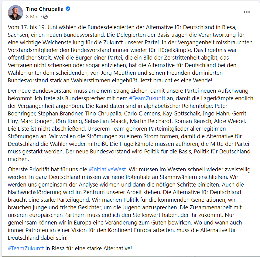 Stefan_K__'s tweet photo. Das #TeamUntergang von #Chrupalla steht fest: Peter #Boehringer, Stephan #Brandner, Tino #Chrupalla, Carlo #Clemens, Kay #Gottschalk, Ingo #Hahn, Gerrit #Huy, Marc #Jongen, Jörn #König, Sebastian #Maack, Martin #Reichardt, Roman #Reusch, Alice #Weidel.
#noafd #Riesa #AfD https://t.co/X981y2SRqa