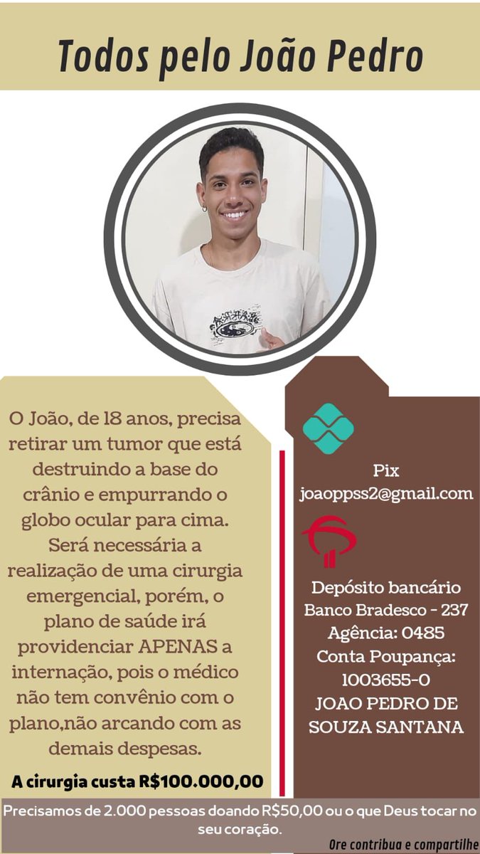 tt_madu's tweet photo. João, de 18 anos foi diagnosticado recentemente com câncer.
Ele precisa fazer uma cirurgia urgente para a retirada do tumor, porém, o valor da cirurgia é muito alto.
estamos fazendo uma vaquinha para ajudar a arrecadar esse valor o mais rápido possível! https://t.co/hKzQUMALUN