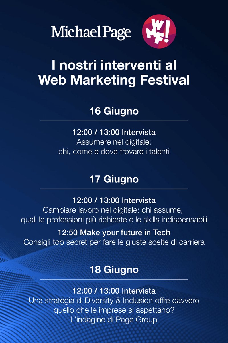 Ci vediamo al #WebMarketingFestival! 🔥
▶ Tre interventi al #Controfestival insieme a Mario Moroni.
▶ Speech “Make your future in Tech”
Ti aspettiamo per rispondere a tutte le tue domande!
#PageGroup #MichaelPage
