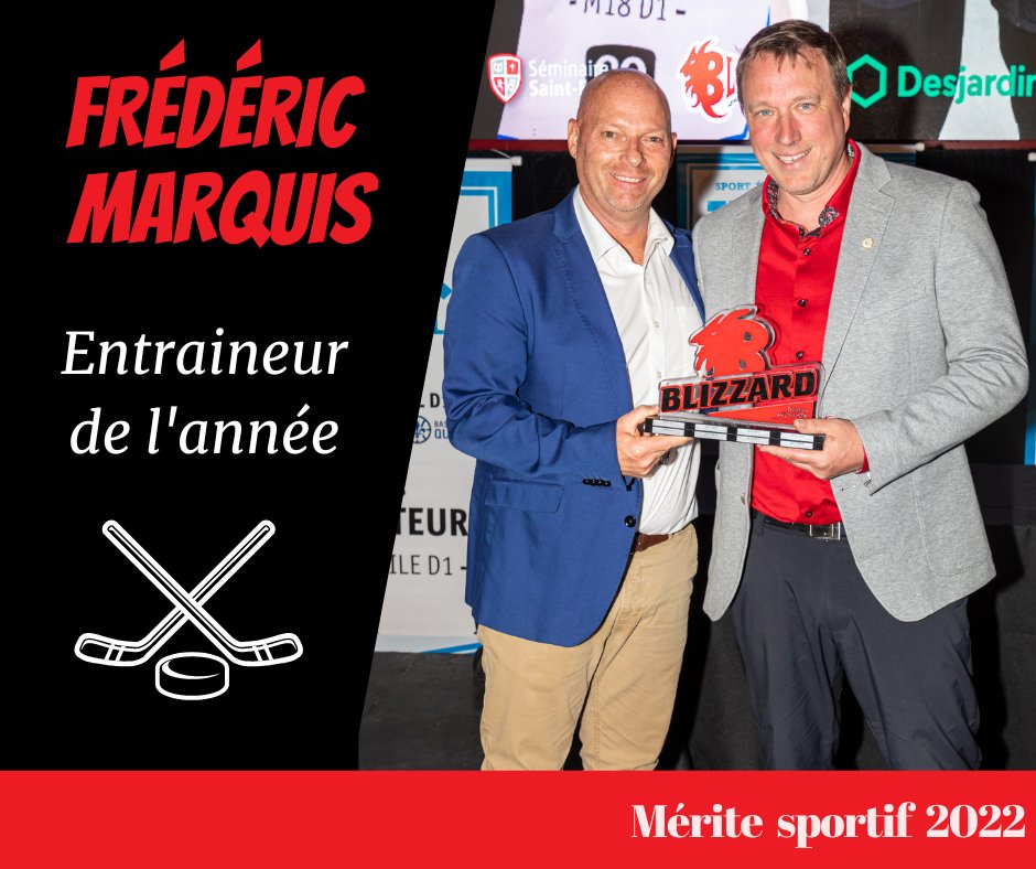 Lors du Mérite sportif SSF 2021-2022, Frédéric Marquis a remporté le trophée Luc Savoie, distinction remise à l’entraineur de l’année. Coach Marquis a dirigé à merveille l’équipe de hockey M18D1 qui a littéralement tout remporté sur son passage! 💪Bravo coach!
