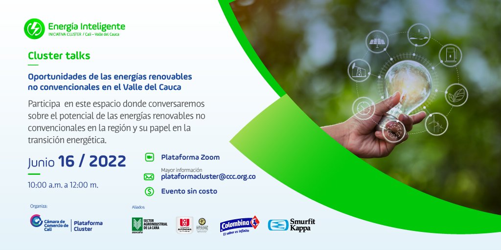 camaracali's tweet photo. #ClusterTalks🗣| Conversemos sobre cuál es el potencial de las energías renovables no convencionales en la #región y su papel en la transición energética. Participa en este evento inscribiéndote aquí👉https://t.co/gVGQRNj3nx #Cluster #EnergíaInteligente https://t.co/LoTYuJTqzH