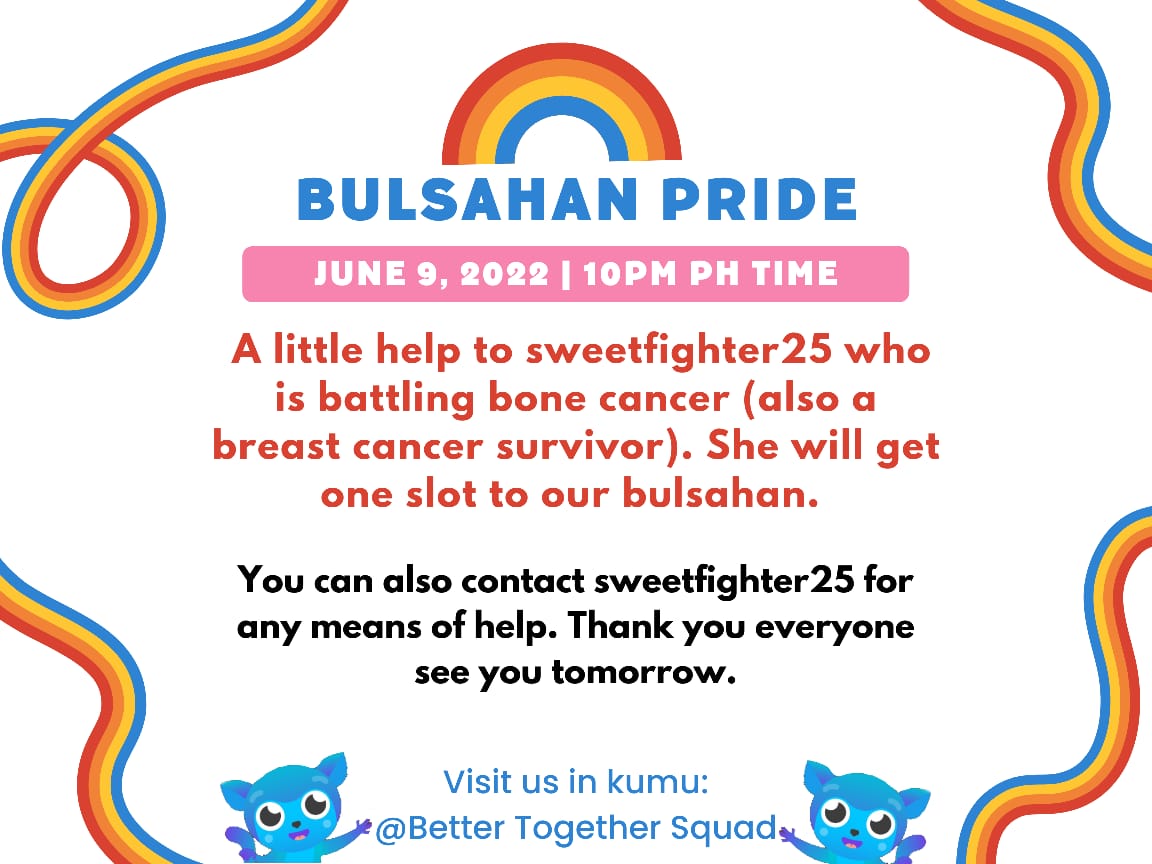 _BTSQUAD's tweet photo. Guys, we will have a charity bulsahan. 
The follwong details below:
Title: Bulsahan Pride
Date: June 9, 2022, BTSquad's 1st monthsary, Time: 10pm pinas time
.... https://t.co/PqRpd23SU1