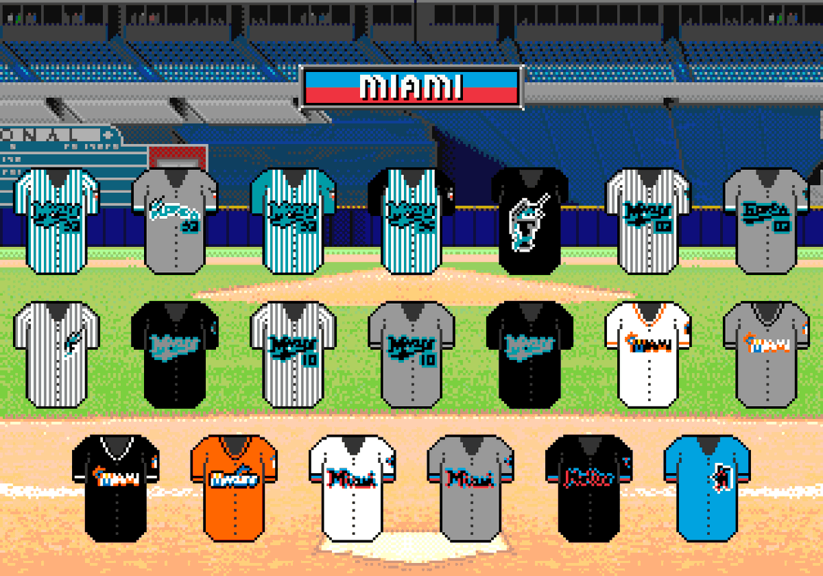 billazartt's tweet photo. Moving on to the NL East here's the @Marlins.

A curated history of Marlins jerseys, with Joe Robbie Stadium as the background (from BlueSky Software's World Series Baseball (1994)).

#pixelart #asperite #MakeItMarlins https://t.co/3eN3BonLwO