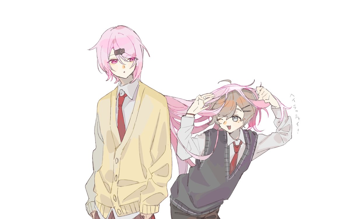 shiina yuika genderswap genderswap (ftm) pink hair necktie cardigan red necktie multiple boys  illustration images