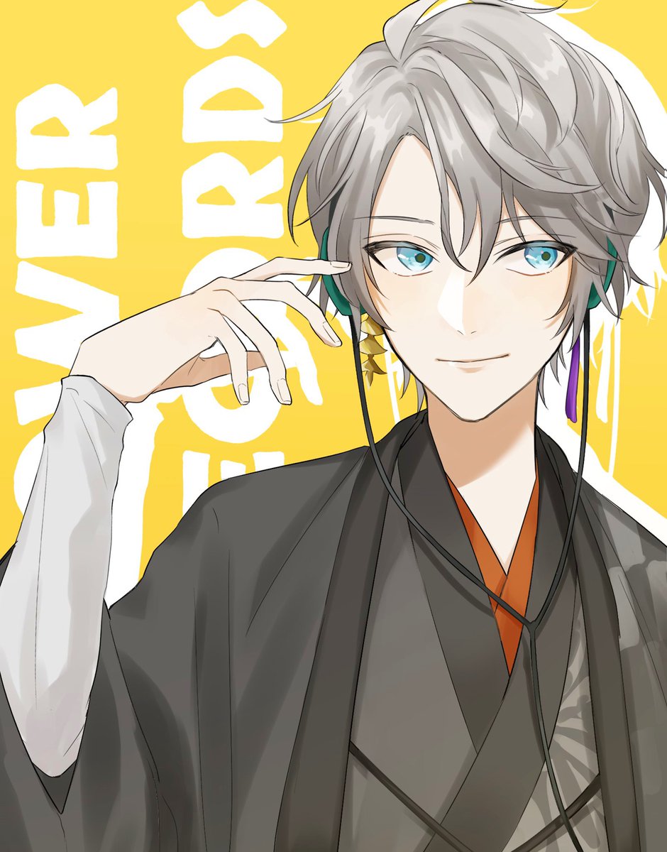 1boy male focus solo grey hair blue eyes japanese clothes earrings  illustration images