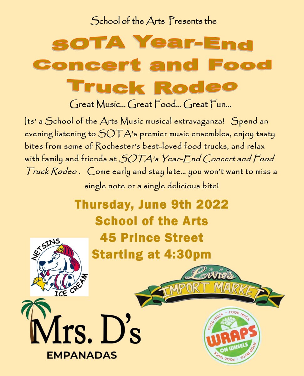Join SOTA TOMORROW JUNE 9th for our Year-End Concert and Food Truck Rodeo!
Come for the delicious food ...stay for the amazing music by all the School of the Arts music ensembles!!!
Performances begin at 4:30 - see you there
#wearesotastrong #music #foodtruck
