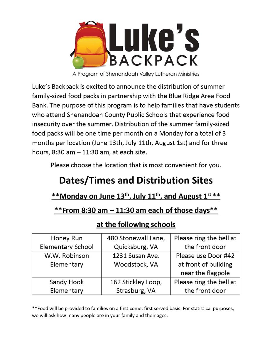 ShenCoVASchools's tweet photo. Please help Luke's Backpack spread the word about the distribution of summer family-sized food packs! See the flyer for details. https://t.co/Xuljpaaoc3
