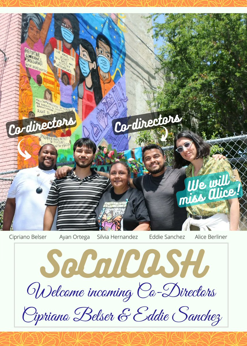 SoCalCOSH is excited to announce a change in leadership structure. 📢  We will be welcoming two familiar faces as our new Co-Directors, Cipriano Belser and Eddie Sanchez. Cipriano and Eddie will be continuing the brilliant work previously led by Alice Berliner❤️