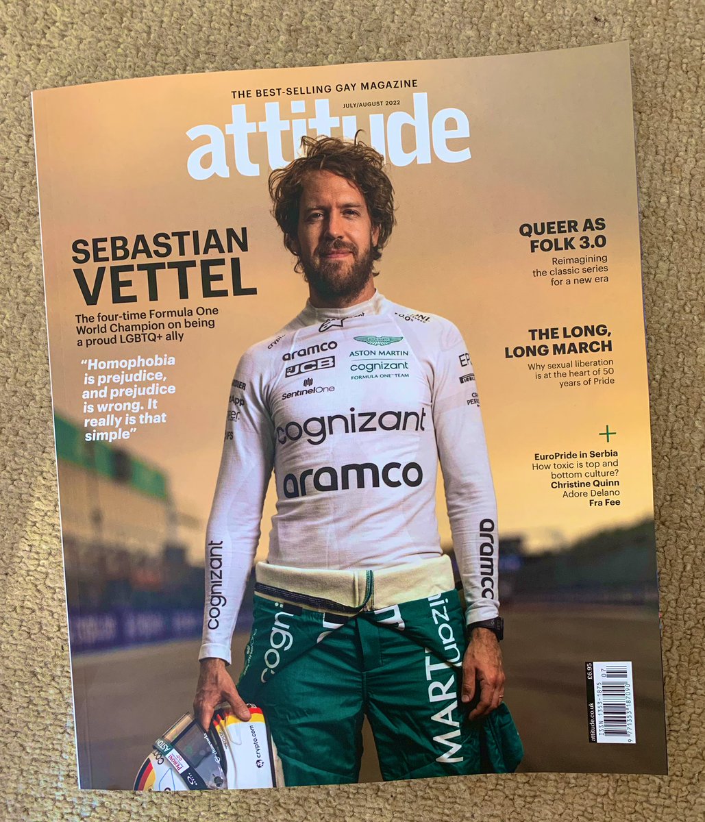 Has an #F1 driver ever appeared on the front cover of the award-winning #LGBTQ+ magazine #Attitude? No. Well, not ’til now. The latest issue is available at all good UK newsagents, &amp; it contains a brilliant &amp; unmissable 9-page feature interview with Seb Vettel. #Pride #PrideMonth