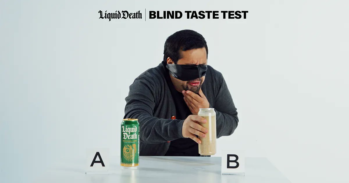 Adweek's tweet photo. 🤢 @LiquidDeath hyped its new flavored sparkling water by having blindfolded consumers taste it side by side with 'the most expensive beverages on earth'—liquefied Beluga caviar, wagyu cheeseburgers and squid ink. https://t.co/FRdqd3a2TD https://t.co/BEpTnI1IfM