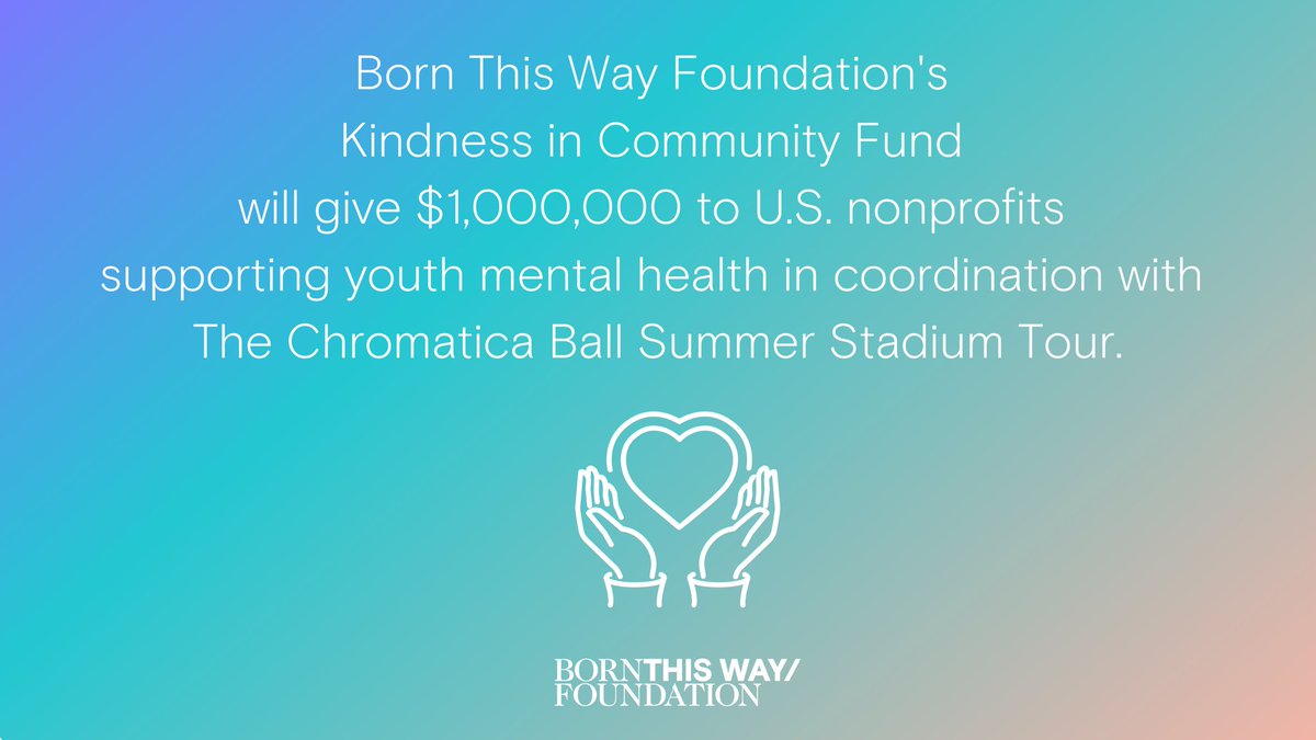 BTWFoundation's tweet photo. (1/2) Born This Way Foundation is proud to announce our $1,000,000 Kindness in Community Fund to fund nonprofit organizations supporting youth mental health in coordination with @ladygaga’s The Chromatica Ball Summer Stadium Tour. 💗⚔️ https://t.co/cJP8Fp2qLl https://t.co/iEk5TSx5hN