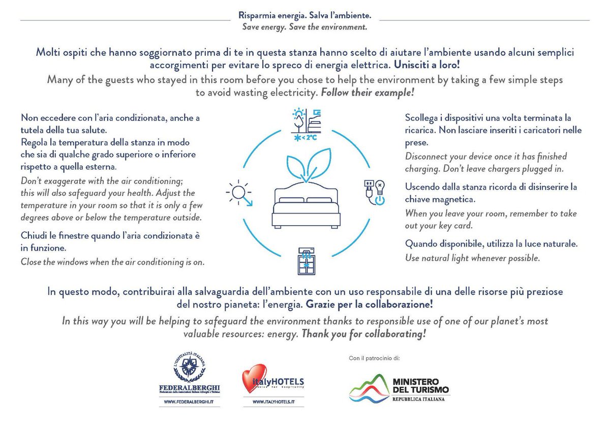 federalberghi's tweet photo. Il Ministero del Turismo ha concesso il proprio patrocinio all’iniziativa promossa da Federalberghi per promuovere il risparmio energetico all’interno delle strutture turistico - ricettive.

Chiedi la circolare in associazione.

#soloperisoci https://t.co/OEyrb0RTi8