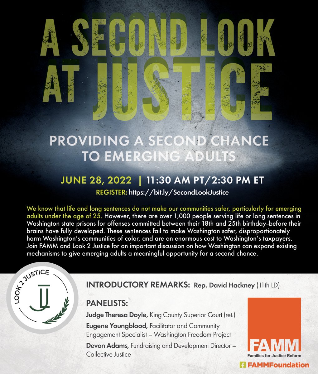 ATTN friends in Washington state. I am really excited to be moderating this upcoming panel on Second Look in Washington, co-hosted with our friends at <a href="/Look2Justice/">Look2Justice</a>. We will hear from directly impacted advocates, a retired judge, and <a href="/Hackney4the11th/">Rep. David Hackney</a>! secure.everyaction.com/cvvH6DW5ME2_QS…