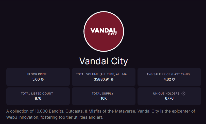 VandalCityCorp's tweet photo. • Vandal City [2] Day Recap📔
-----------------------------------
🎭Unique Vandal PFPs: 581

Floor price 📈
Listings 📉
Community 🔨

The Heist starts soon, Vandals. 🌆 https://t.co/1A0PZArXIM