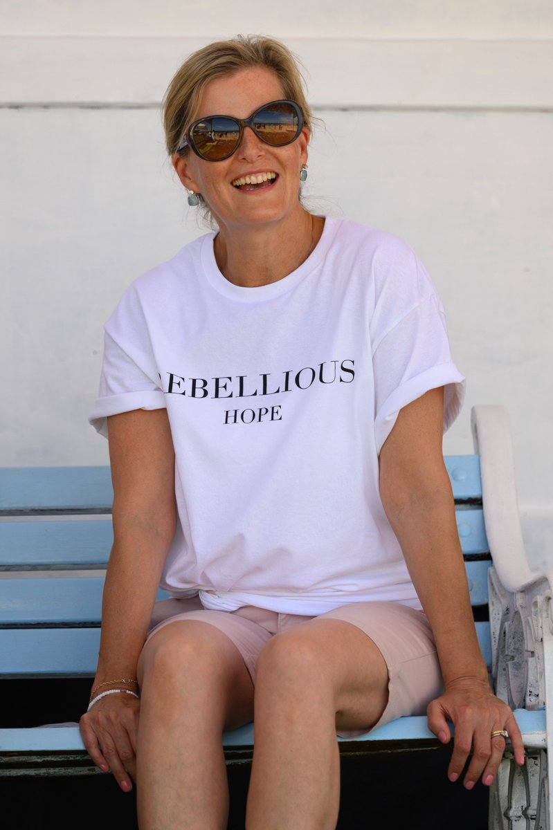 Sophie Countess of Wessex visits Sandy Bay to see The Adapted Surfing Project Sophie Countess of Wessex is wearing a t-shirt supporting Bowelbabe Fund for Cancer Research UK by Deborah James #Royals #PlatinumJubilee #Gibraltar #UnitedKingdom