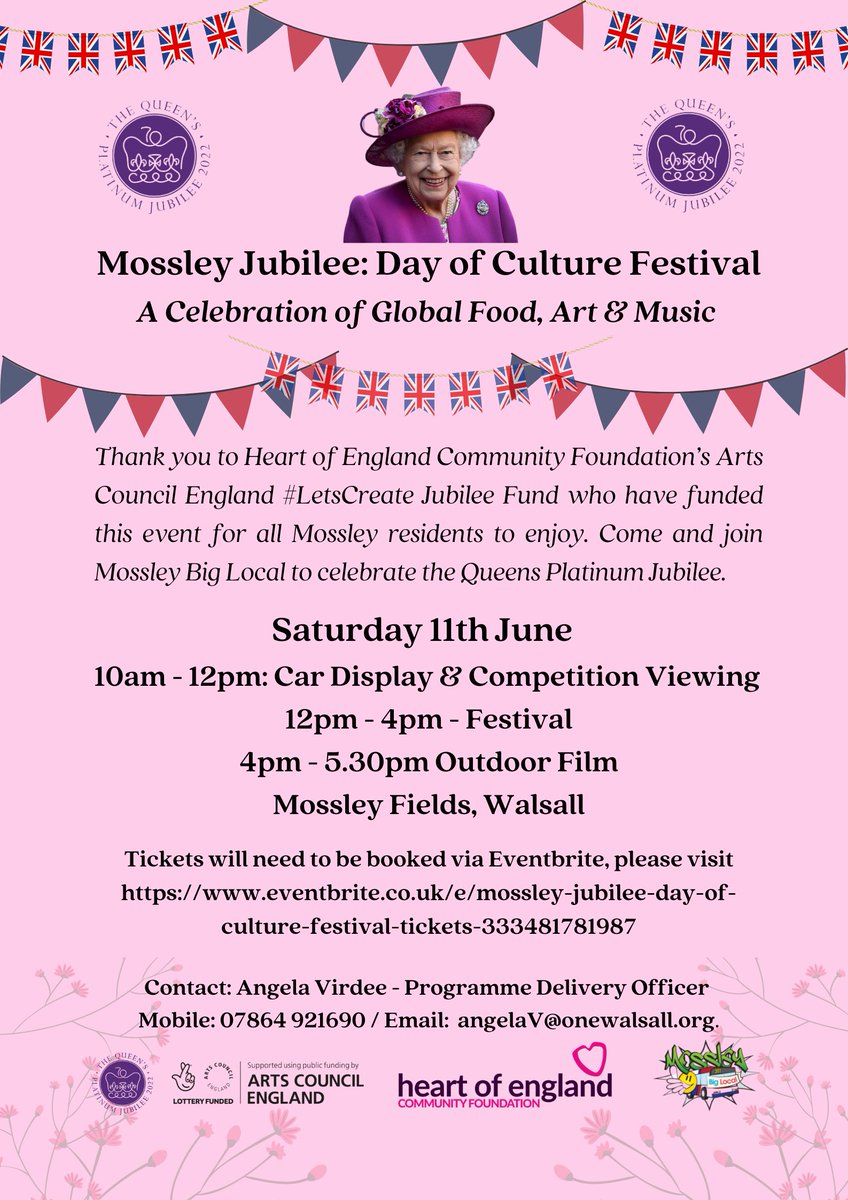 @mossleymatter are celebrating The Queens Jubilee on Sat 11th June, thanks to Heart of Englands Community Foundation's &amp; Arts Council England #Letscreate
#CreativeJubilee  #lottogoodcauses 
<a href="/Chris_WCR/">Chris Allen</a> <a href="/LocalTrust/">Local Trust</a>
<a href="/One_Walsall/">One Walsall</a> 
Note: Car Display cancelled sorry for inconvenience.