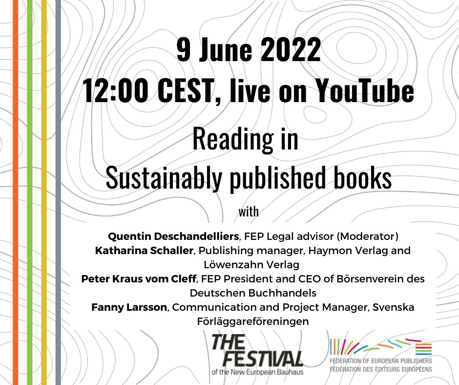 FEP_EU's tweet photo. Don't miss our event tomorrow during the #NewEuropeanBauhaus Festival!

Find out about how publishers address sustainability with Katharina Schaller (#Haymon and #Loewhenzan Verlag), Peter Kraus vom Cleff (@boev and #FEP) and Fanny Larsson (@forlaggare): https://t.co/XGZi8i4qB0 https://t.co/XqgrNPBL3p